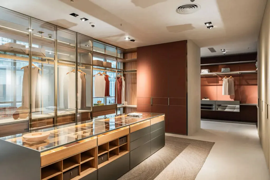 大利中島型更衣室設計，結合開放式衣櫃與玻璃展示層架，展現豪宅更衣間的收納動線規劃
