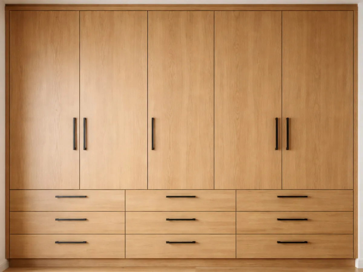 木皮封閉式衣櫃設計，上方門片搭配下方抽屜收納，適合台灣高濕度環境的更衣室防潮規劃