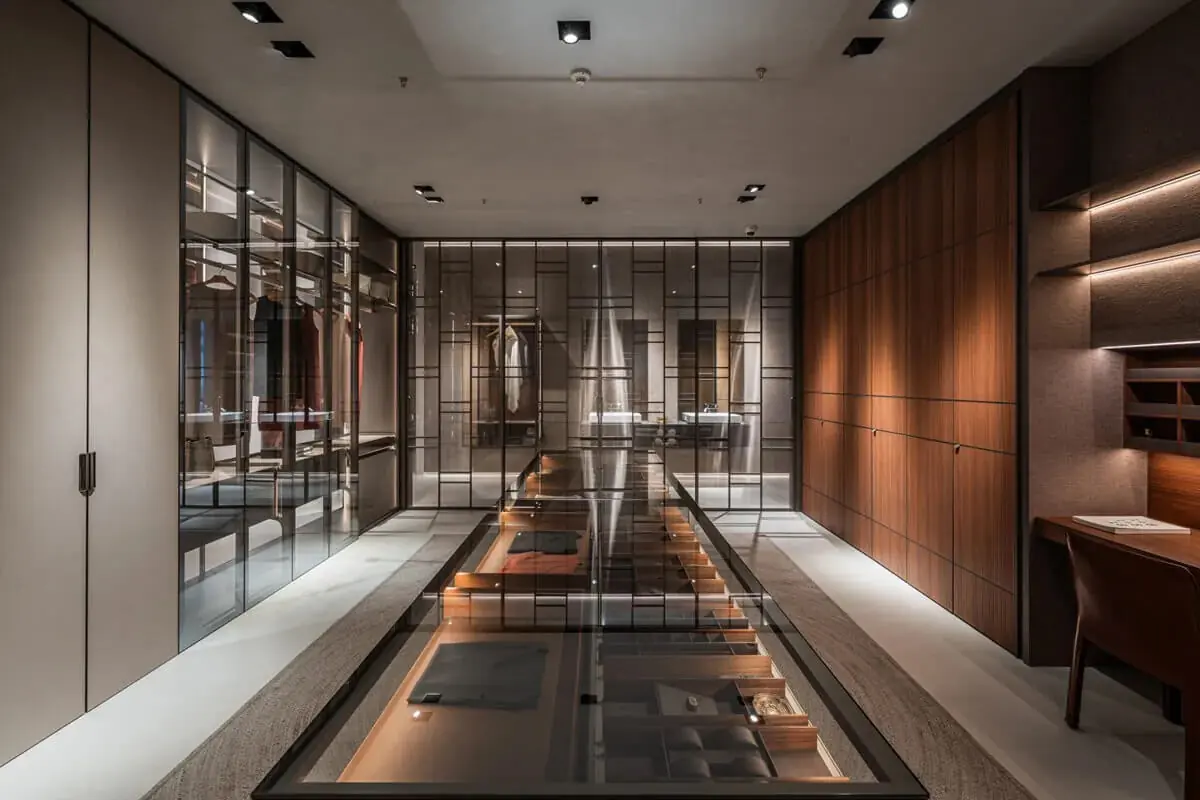 義大利步入式衣櫃實景，玻璃隔間牆結合中央珠寶展示中島與木皮封閉衣櫃，呈現更衣室設計與一般衣櫃的空間差異