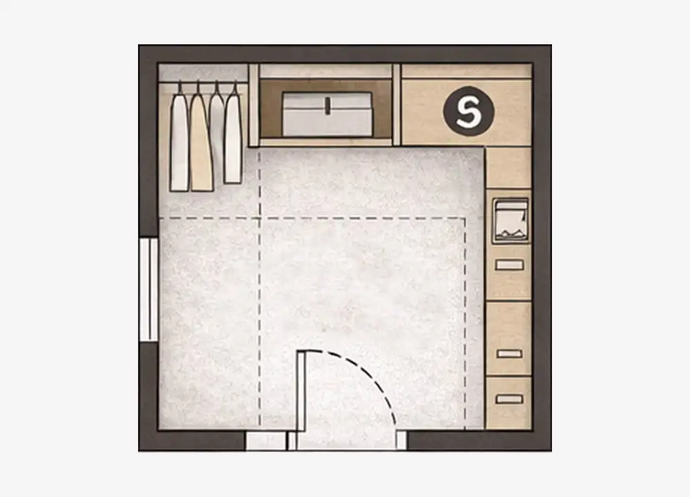 L 型更衣室格局俯視示意圖：吊掛區與抽屜收納沿兩面牆配置，最小空間 180×180 公分，適合 1–1.5 坪更衣室設計
