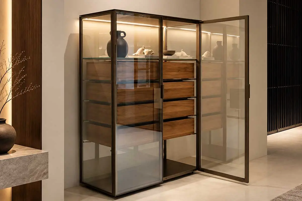 Image of Lomacasa 展示櫃設計怎麼做?客廳展示櫃的尺寸深度、玻璃燈光與防震防潮全指南 by 7 義式玻璃展示櫃設計,呈現透明玻璃門片、櫃體框架與展示層板